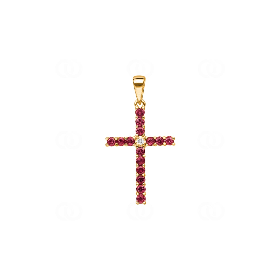 Kreuzanhänger 750/18 K Gelbgold mit Rubinen & Diamant 0.01 ct H/si