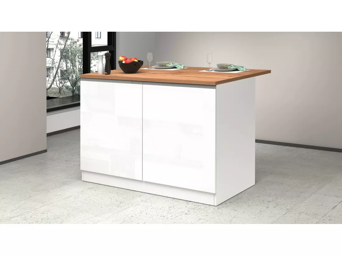 Îlot de cuisine Daffaticat, Armoire polyvalente, Meuble de kitchenette, Table auxiliaire, 100% Made in Italy, 125x90h90 cm, Blanc brillant et chêne