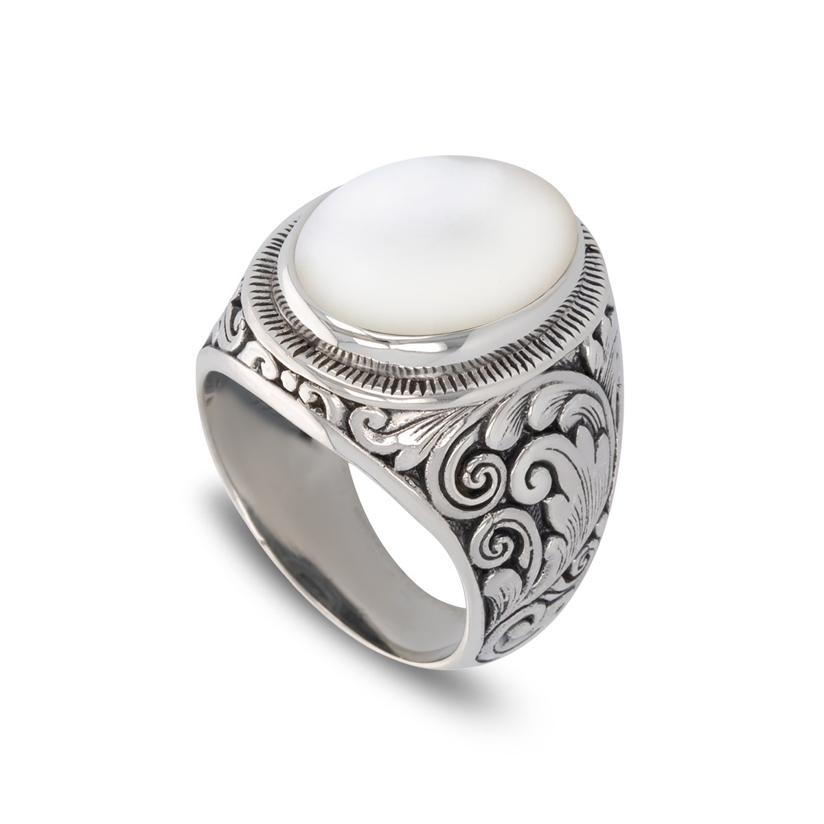 Bague Biker Femme Série Rock en Argent Massif Vieilli et Nacre Blanche - Cadeau Anniversaire | Aden