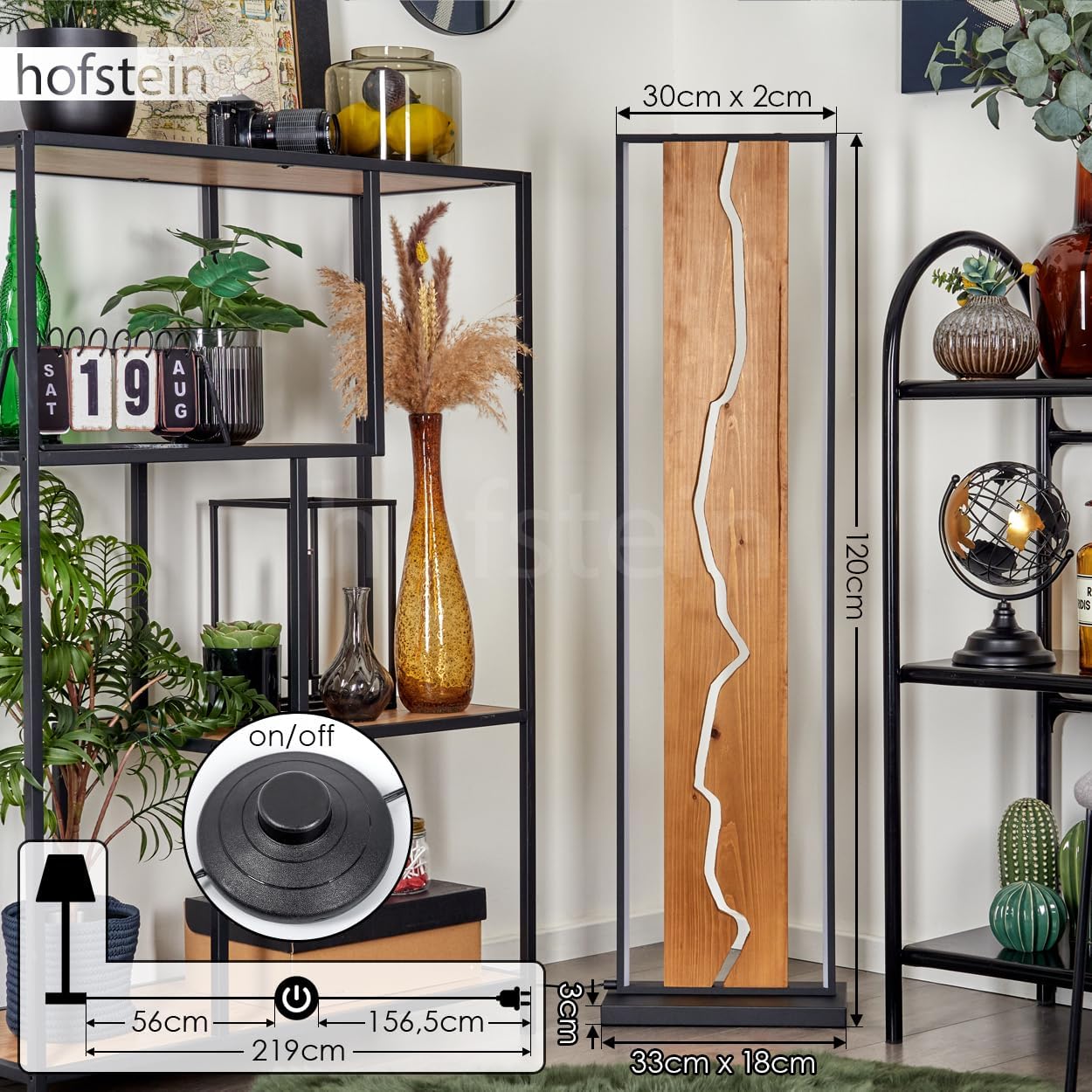 LED Stehleuchte Terre, Stehlampe aus Metall/Holz/Kunststoff in Schwarz/Naturfarben/Weiß, Retro/Vintage-Design mit Schirm aus Holz, Höhe 120, 18 Watt, 2300 Lumen, 3000 Kelvin