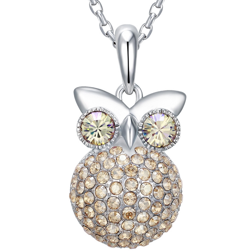 Pendentif Hibou orné de cristal de Swarovski Champagne et Plaqué Rhodium