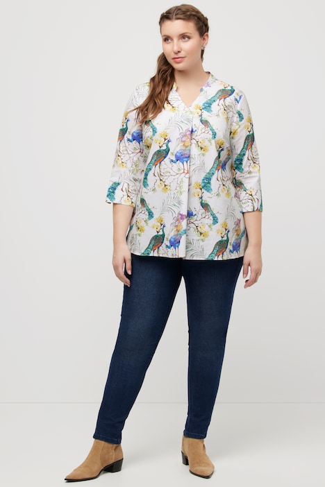 Bluse, Pfauen, Stehkragen, V-Ausschnitt, 3/4-Arm
