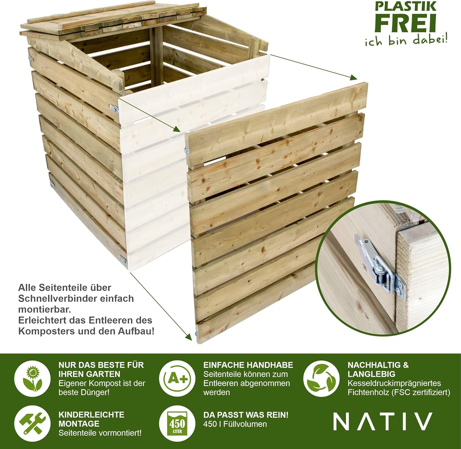 NATIV Garten Komposter aus Holz - Holzkomposter für schnelles Kompostieren - 450L Fassungsvermögen - 76x75x91cm