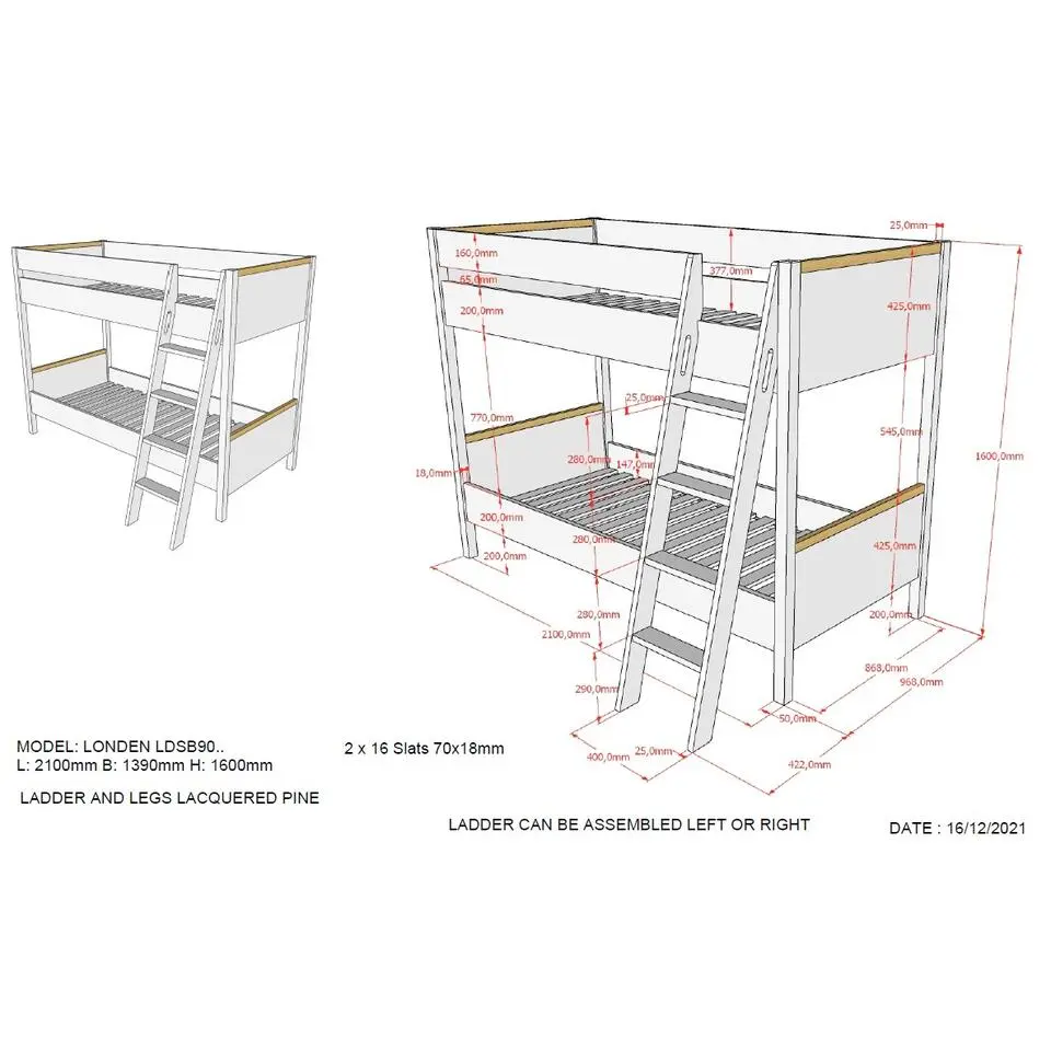 Stapelbed London 90x200 - antraciet