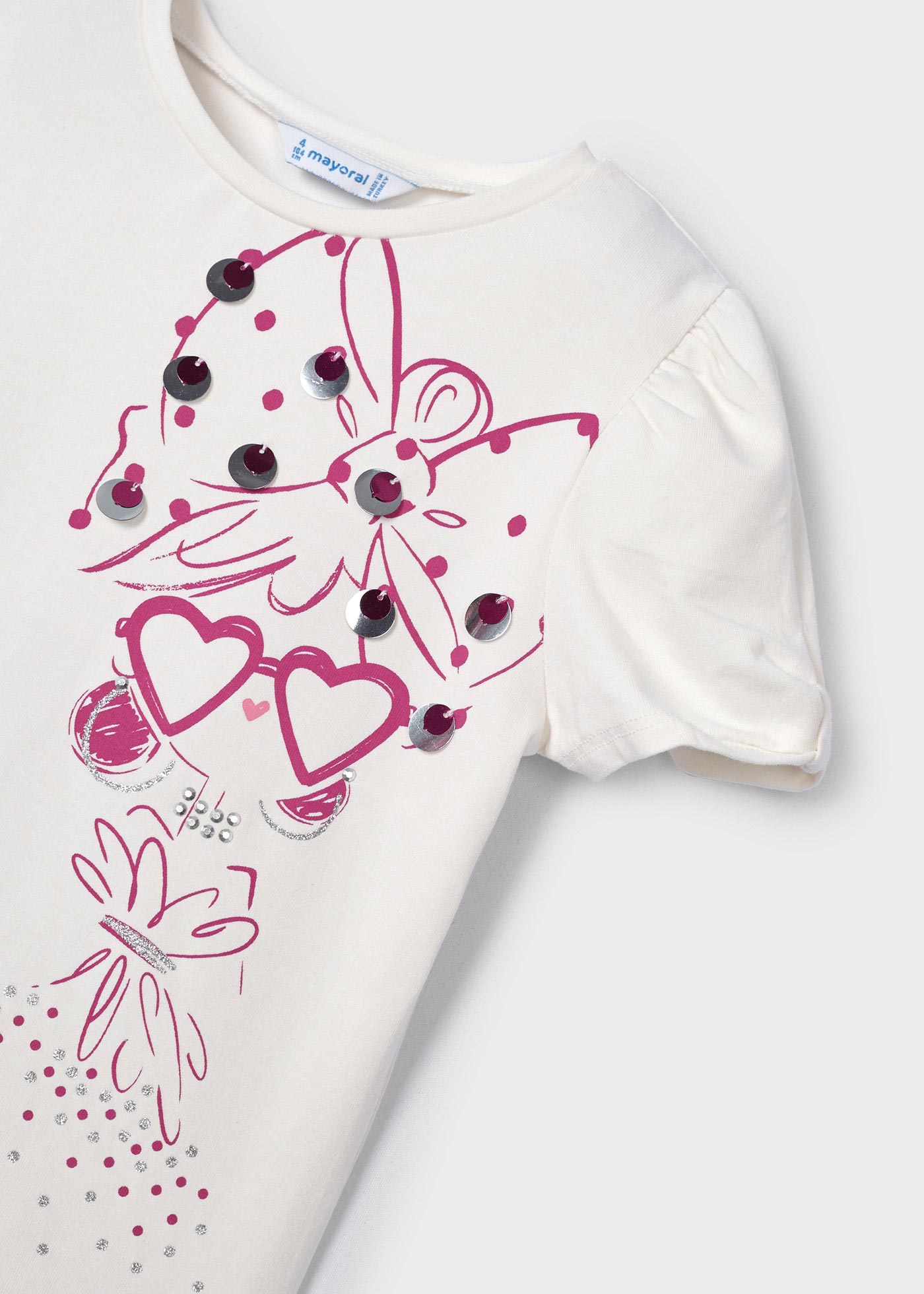 Camiseta feminina de algodão com lantejoulas e mangas curtas