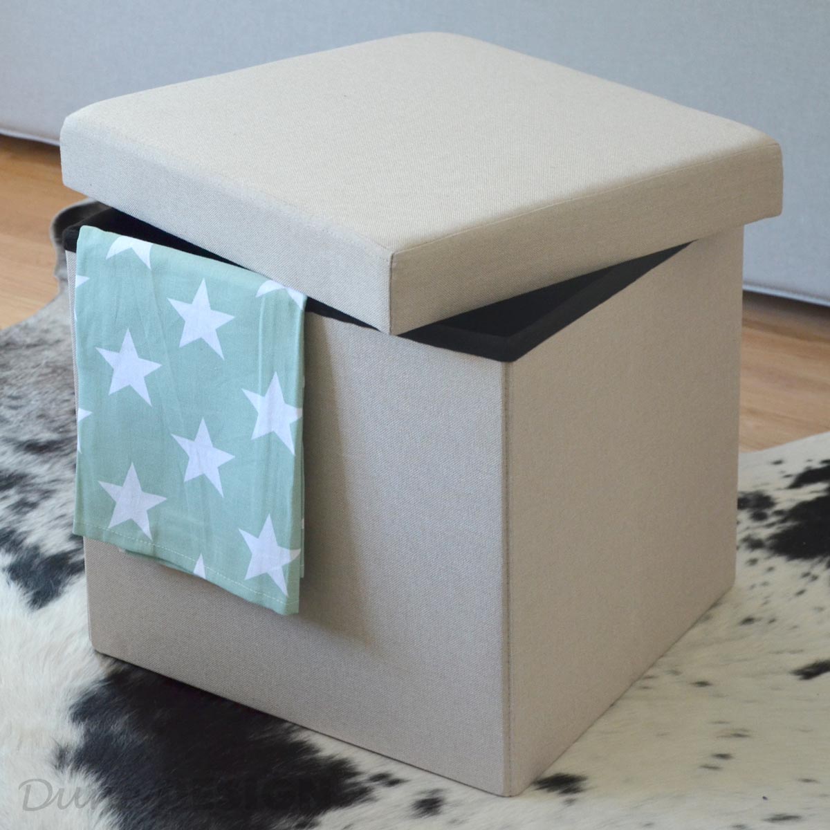 DuneDesign Faltbarer Sitzhocker 38cm Fußhocker Polsterhocker mit ca 42L Stauraum Sitzwürfel Sitzkast