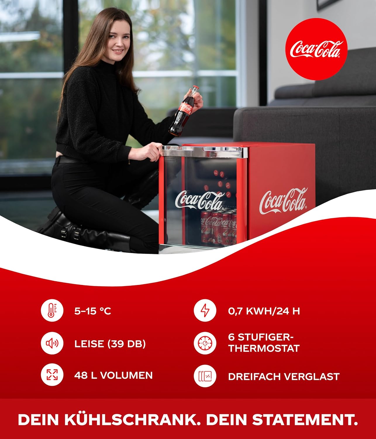°CUBES Original Coca-Cola Mini Kühlschrank Rot 48L - Getränkekühlschrank mit Glastür, leise & energieeffizient - Für Büro, Partys & Gaming - Cooler Flaschenkühlschrank - Mini Kühlschrank für Getränke