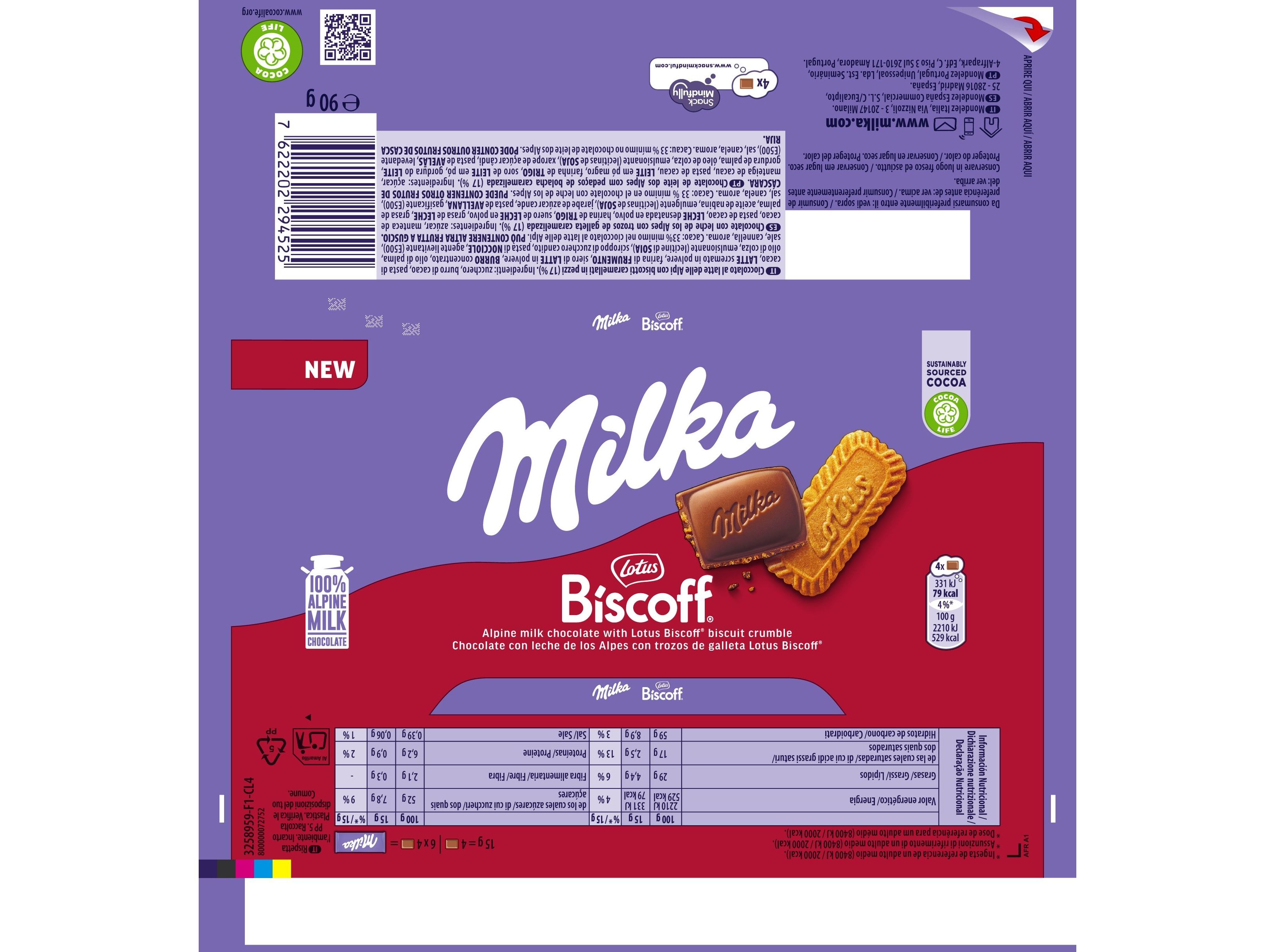 CHOCOLATE DE LEITE MILKA BISCOFF 90G