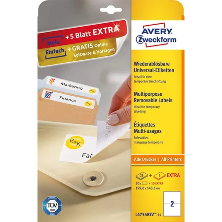 Avery Zweckform L4734REV-25 Universal-Etiketten,A4 199,6 x 143,5 mm, 30 Bogen/60 Etiketten, weiß