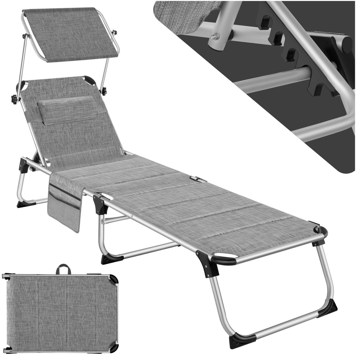 tectake Lorella gestoffeerde zonnebank, opvouwbaar 220 x 60,5 x 34 cm, met zijvak