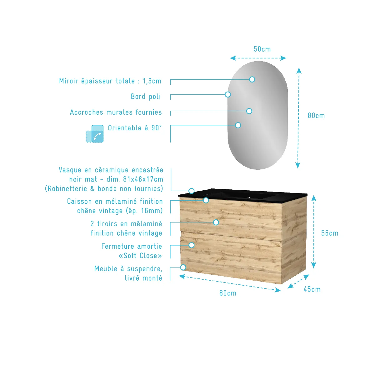 AURLANE TIMBER - Meuble salle de bain 80 cm