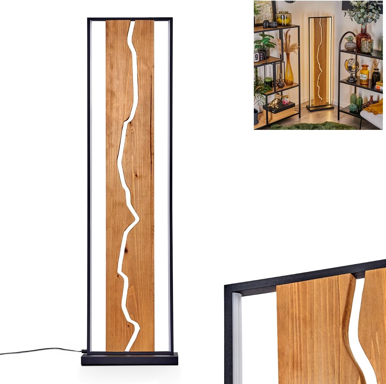 LED Stehleuchte Terre, Stehlampe aus Metall/Holz/Kunststoff in Schwarz/Naturfarben/Weiß, Retro/Vintage-Design mit Schirm aus Holz, Höhe 120, 18 Watt, 2300 Lumen, 3000 Kelvin