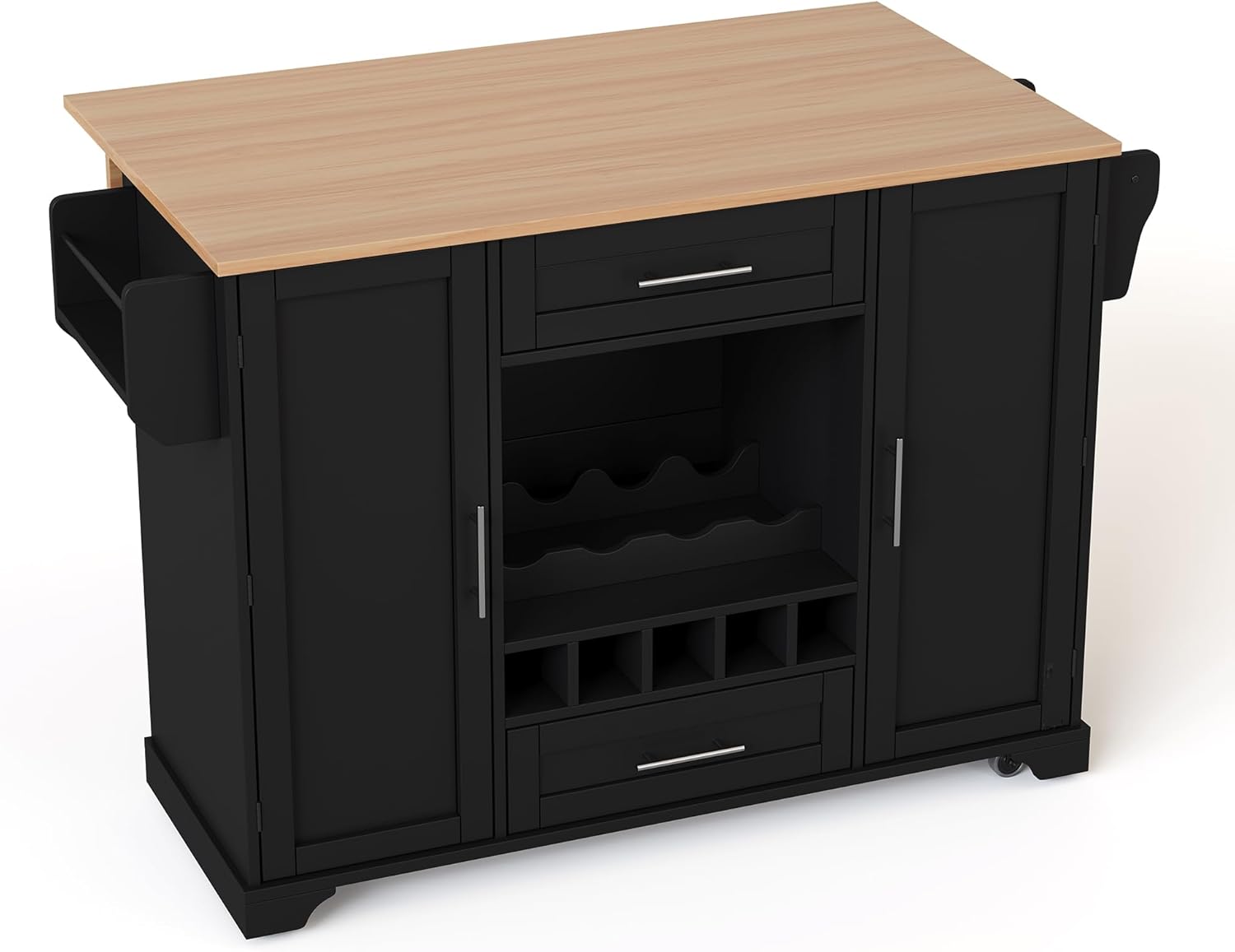 Kücheninsel Küchenschrank mit Klappbare Arbeitsplatte und Weinregal, Buffetschrank Küchenwagen mit Rollen und Handtuchhalter, Küchenbuffet, Küchenmöbel, Schrank Schwarz, 138x45-70x92 cm