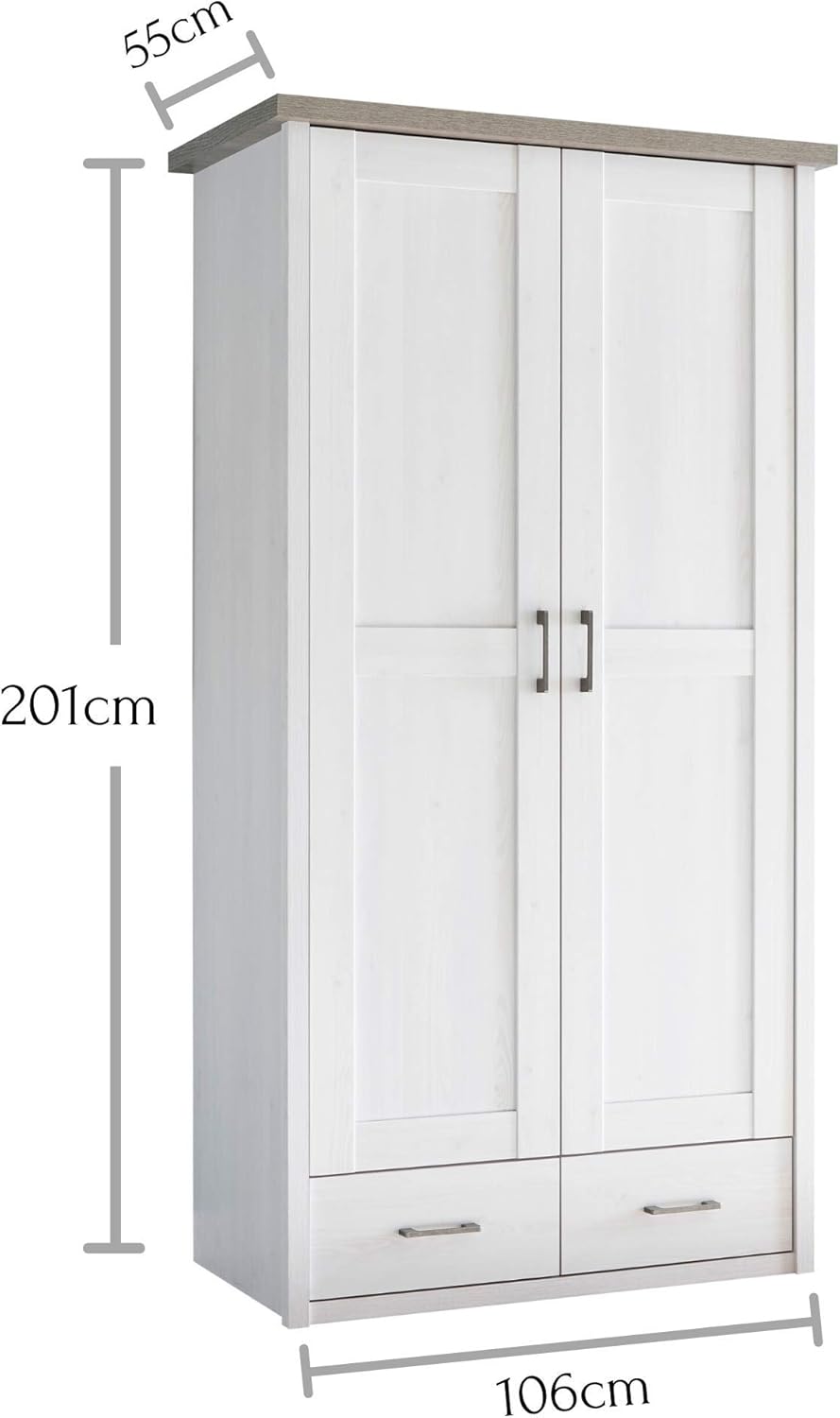 LUCA Eleganter Kleiderschrank Babyzimmer 2-türig - Vielseitiger Drehtürenschrank mit viel Stauraum in Pinie Weiß / Trüffel - 106 x 201 x 55 cm (B/H/T)