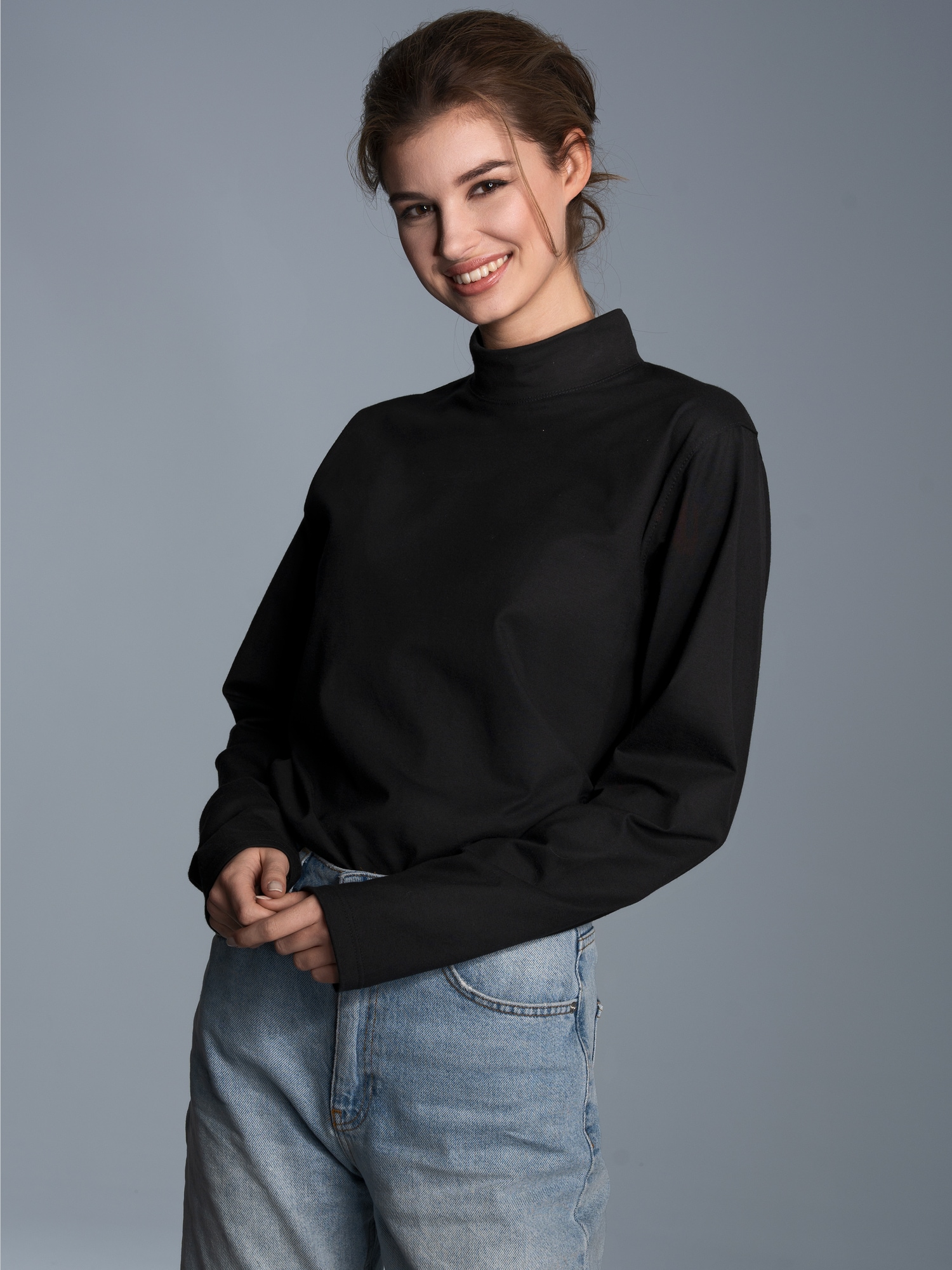 Langarm Shirt mit Stehkragen Schwarz