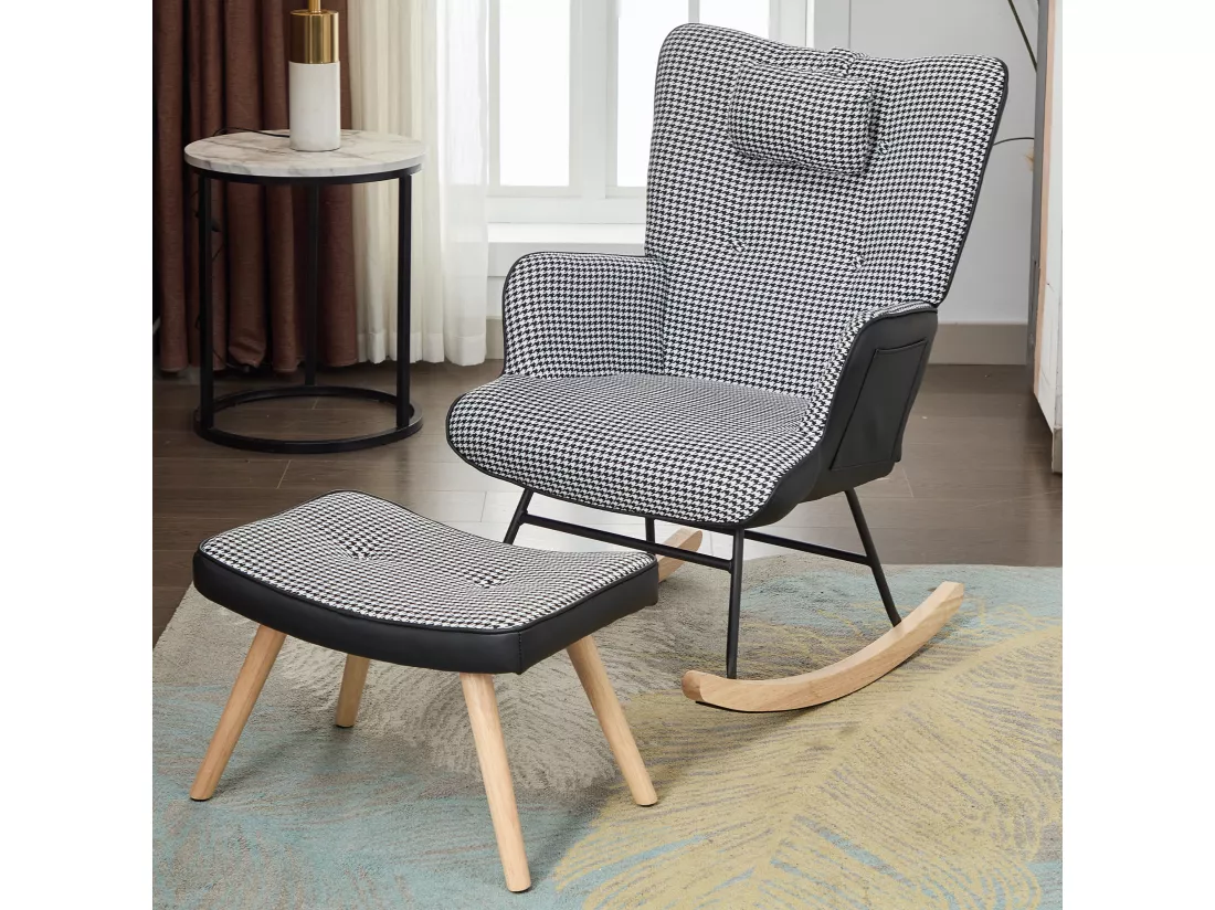 Fauteuil à bascule avec poche latérale, appui-tête et repose-pieds - 85 x 65 x 96 cm - Motif chippendale - Noir + blanc