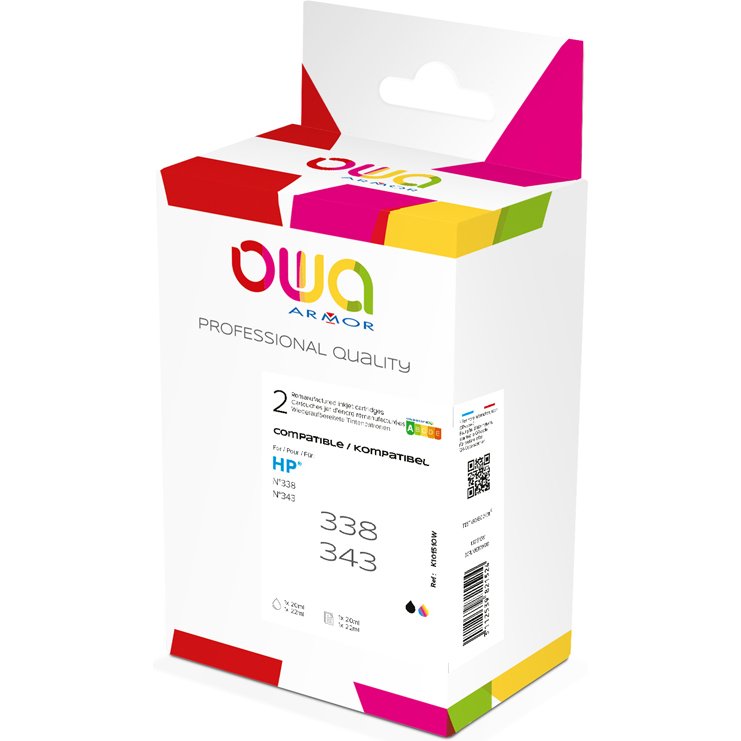 Pack de 2 cartouches d'encre remanufacturées OWA - standard - Noir 3 Couleurs - pour HP 338, 343