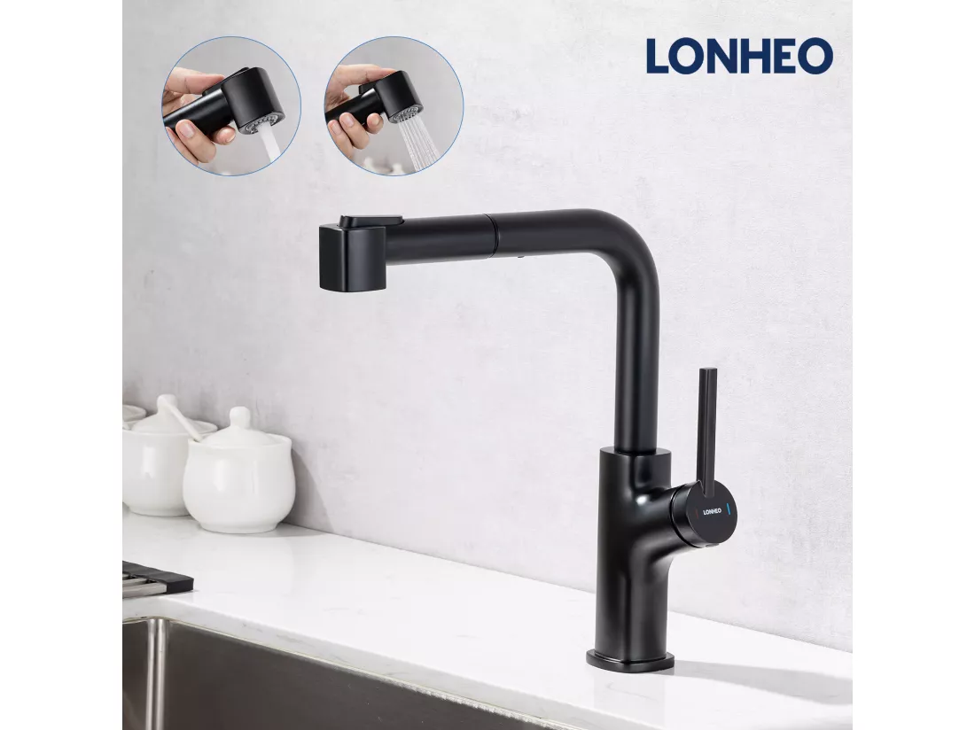 Robinet de Cuisine Noir avec Douchette Extractible Mitigeur de Cuisine 2 Jets Eau Froide et Chaude Mélangeur de Cuisine Evier