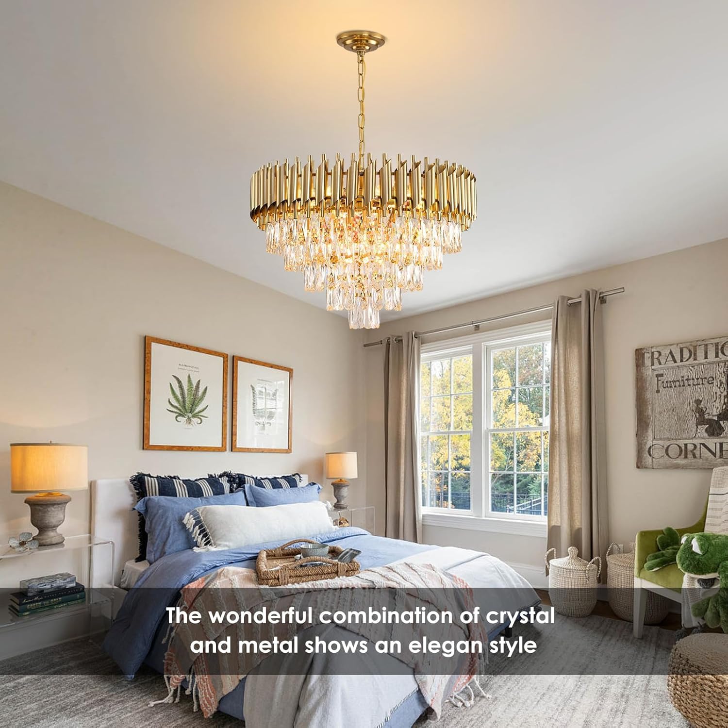 Gold Kristall Kronleuchter Moderne Runde Kronleuchter für Esszimmer 5-Stufen Decken Hängeleuchten Große Decken Kronleuchter für Foyer Wohnzimmer Schlafzimmer Foyer Eingang W60CM 12-Leuchten