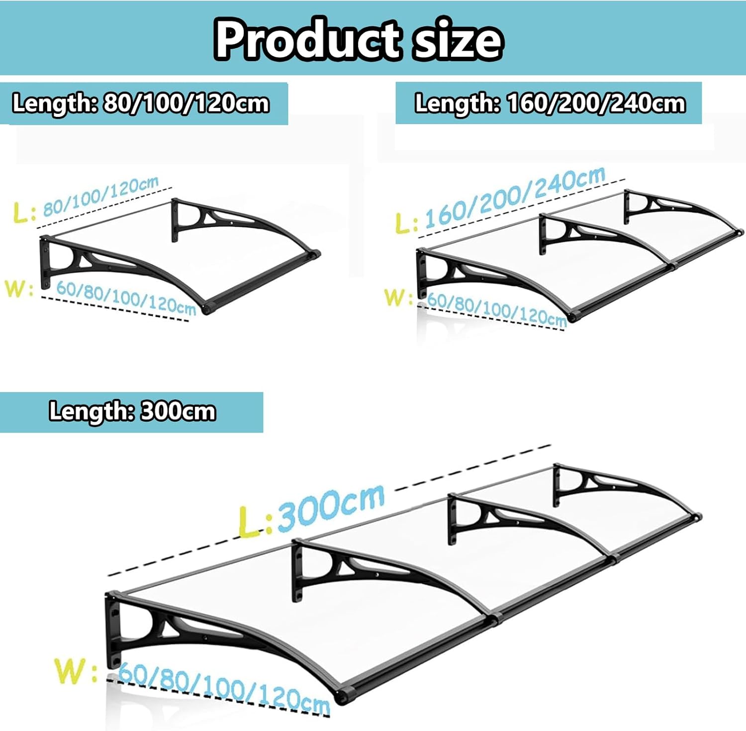 Vordach Haustür Überdachung, Modernes Design Haustürvordach Pultvordach, Polycarbonat Türvordach für draußen Regenschutz UV-Schutz vor Regen und Schnee - 60x140cm
