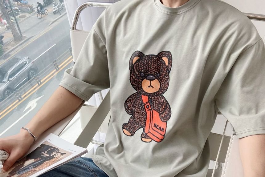 SeoulPop - T-shirt met korte mouwen en berenprint, losvallend