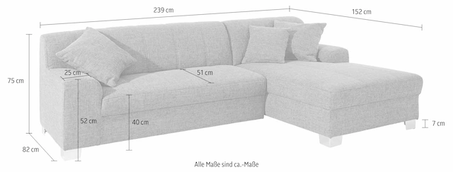 DOMO collection Ecksofa »Turah incl. Zierkissen, moderne Steppung, auch in Leder« wahlweise mit Bettfunktion, Schlafsofa, B/T/H: 239/152/75 cm, L-Form