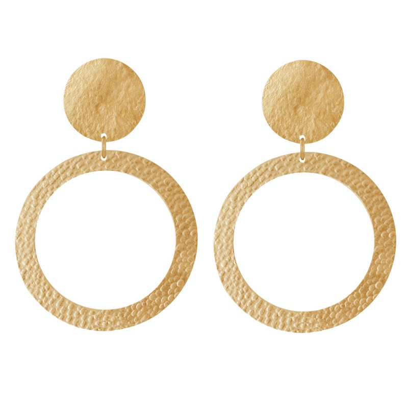 Boucles d'Oreilles Clip Laiton Mat Pastille Brossée et Anneau Martelé