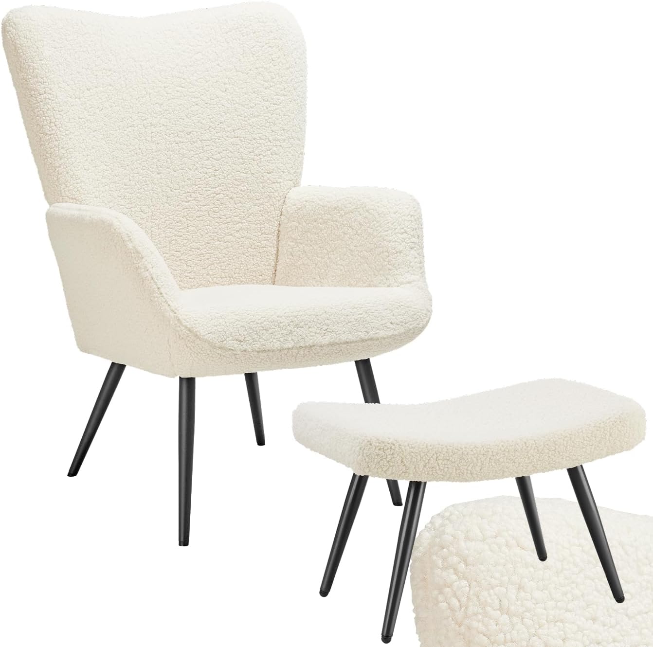 tectake® Skandinavischer Stil Ohrensessel, Sessel Hygge mit Hocker, Breitcordbezug, Sessel Wohnzimmer, Schlafzimmer, Esszimmerstuhl, Statement Loungesessel, belastbar bis 150 kg - Bouclé creme/schwarz