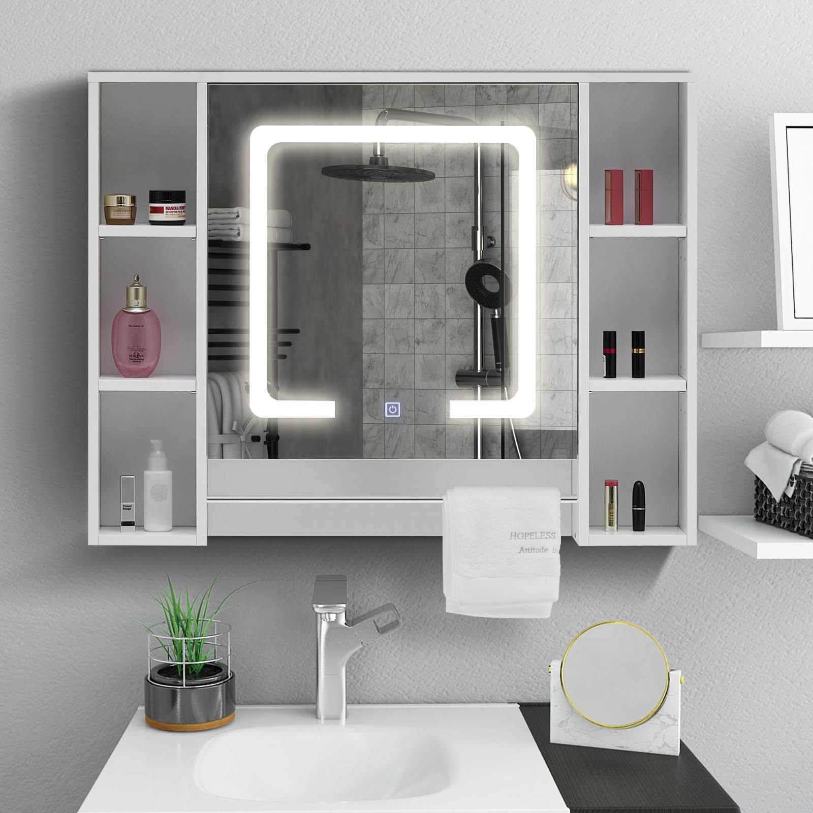 TUKAILAI Spiegelschrank mit LED-Beleuchtung, 6 offene Ablagefächer und Verstellbaren Regalen, Badezimmerspiegel mit Touchschalter Badspiegel