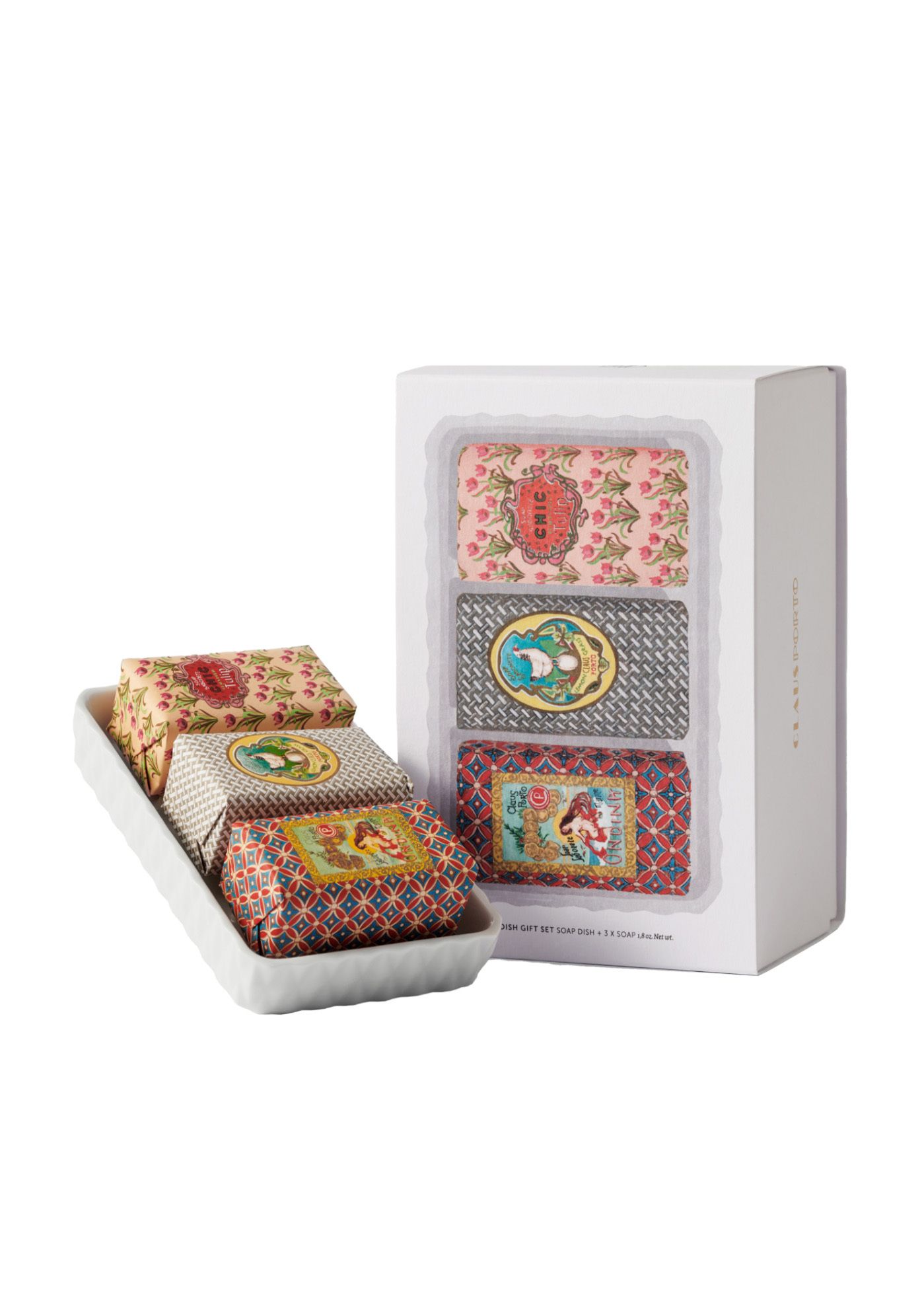 Claus Porto Classico Gift Set Soap Dish plus 3 50g Chicken, Ondina, Chic
