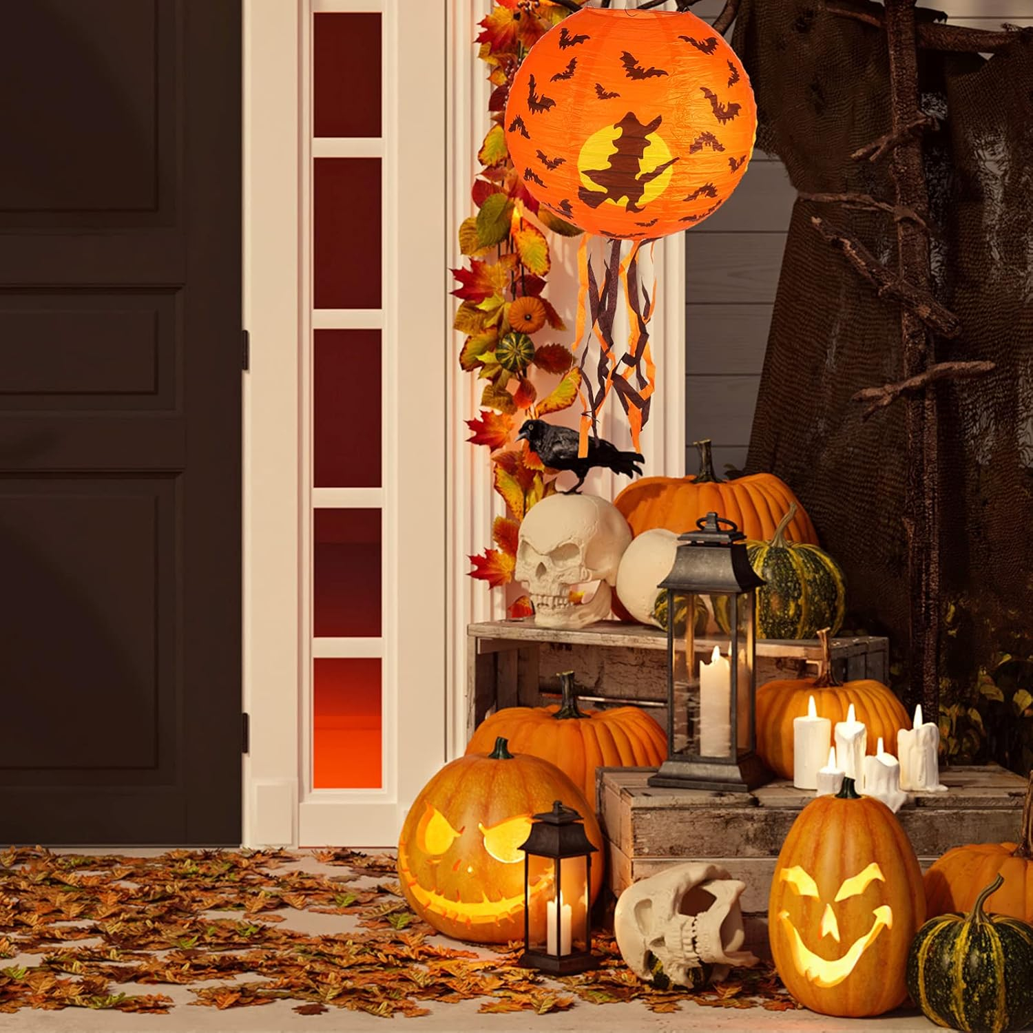 (Ø20cm) Halloween Papier Lampion Grusel Party Deko Accessoire Laterne - Fledermaus / Hexe