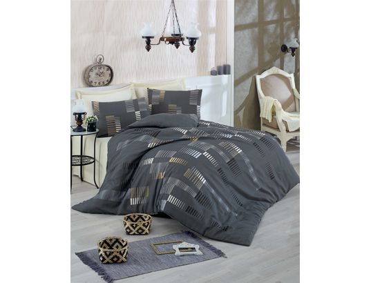 CONCEPT1 - Parure de lit housse de couette Trace 240x220cm + 2 taies 60x60 noir or blanc