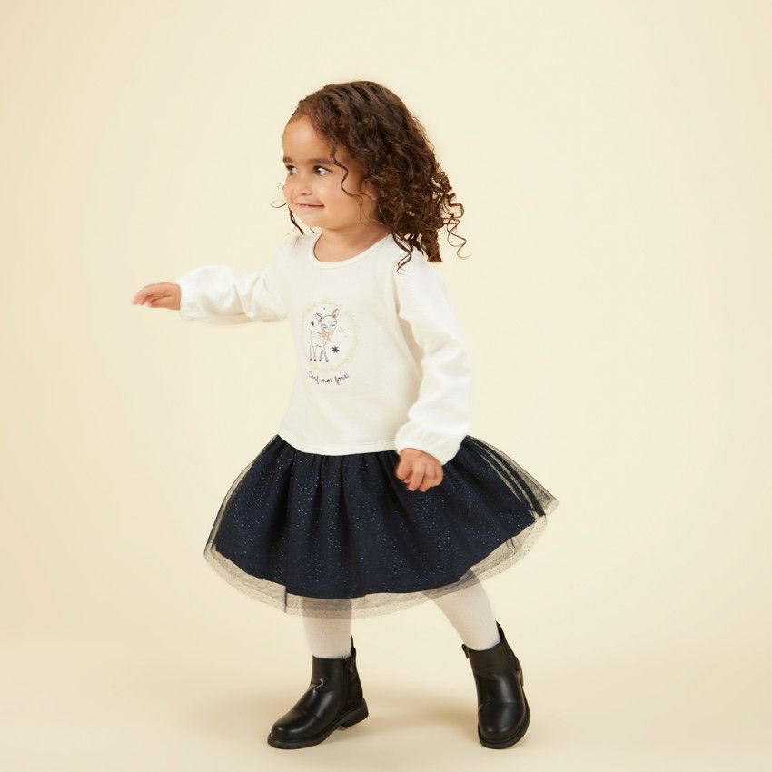 Robe effet 2 en 1 en tulle pailleté motif cerf pour bébé fille - Ecru