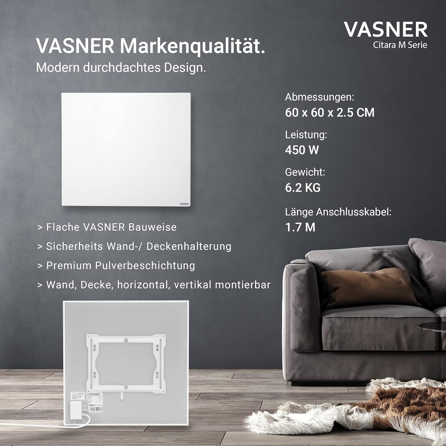 VASNER Citara M Infrarotheizung – Infrarot Elektroheizung Metall weiß Wandheizung Deckenheizung IP44 Schutz Bad Heizpaneel Innenbereich 10 J. Garantie (450 Watt)