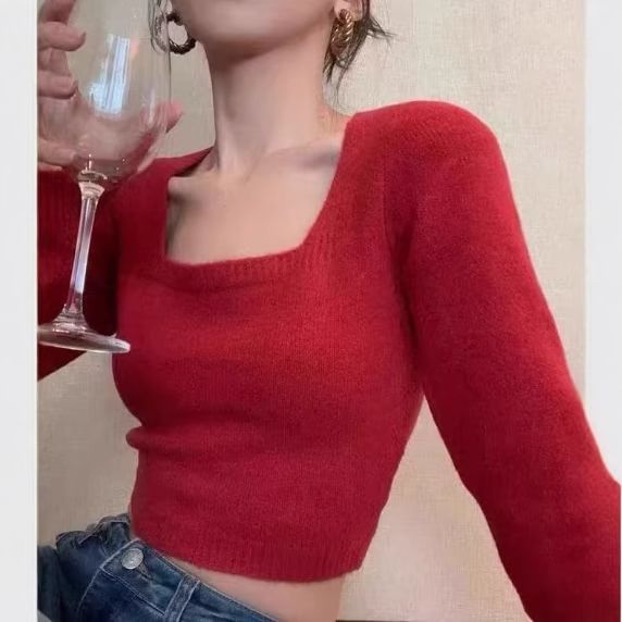 CRIBI - Lange mouwen, vierkante hals, effen crop top