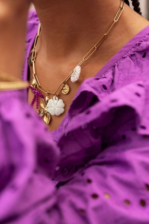 Bedel ketting met schakel en multikleur bloemen bedels