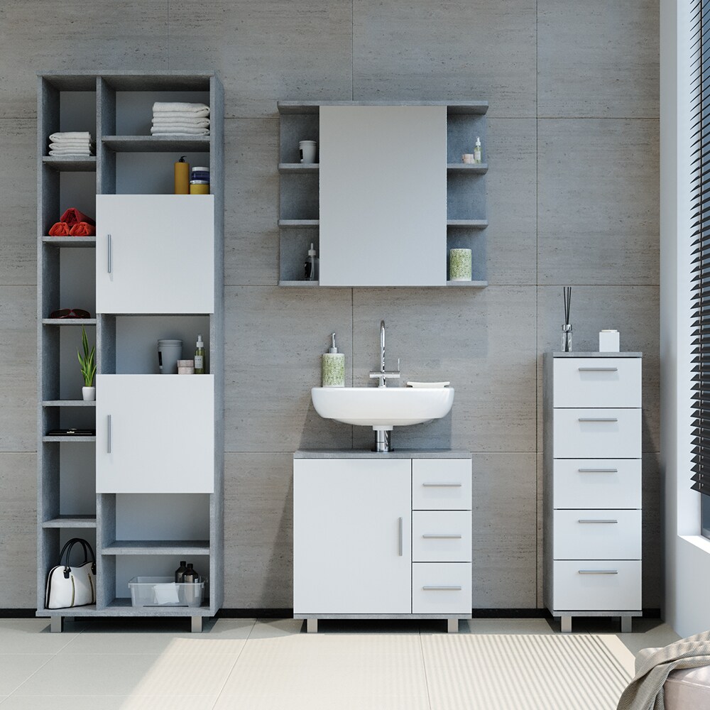 VICCO Badschrank ILIAS Weiß Beton Midischrank Bad Schrank Badregal Badezimmer