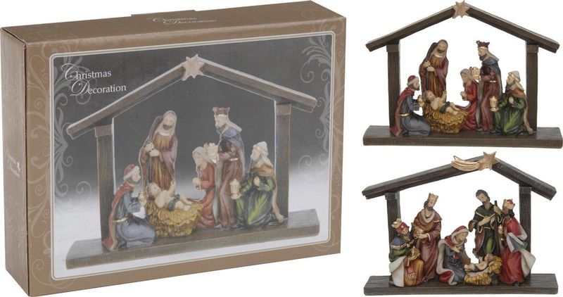 Polystone Kerststal met Vallende Ster en Kerstbeelden - 20 x 5,5 x 15 cm - Kerstdecoratie