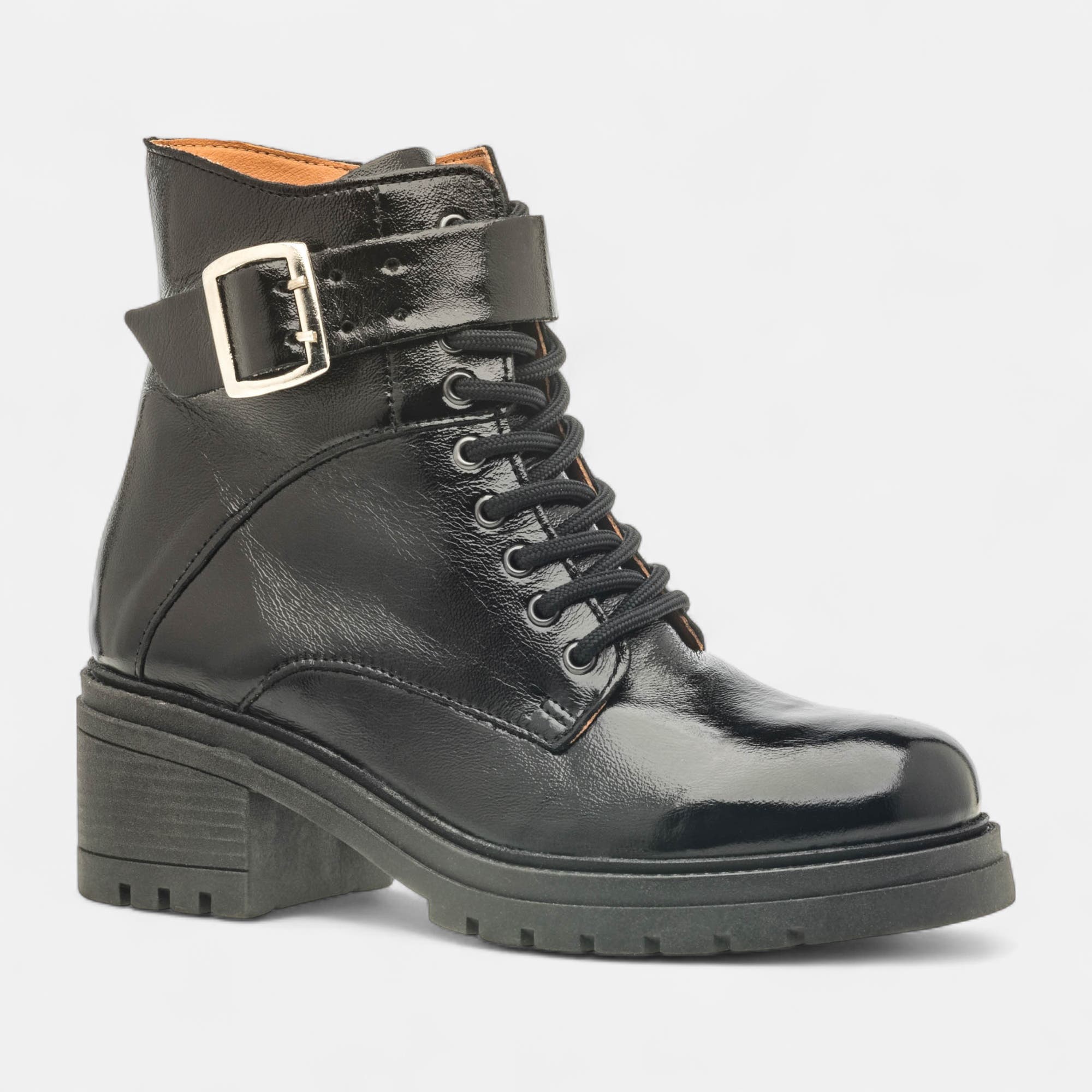 Bottines à lacets à talon Femme en cuir noir vernis