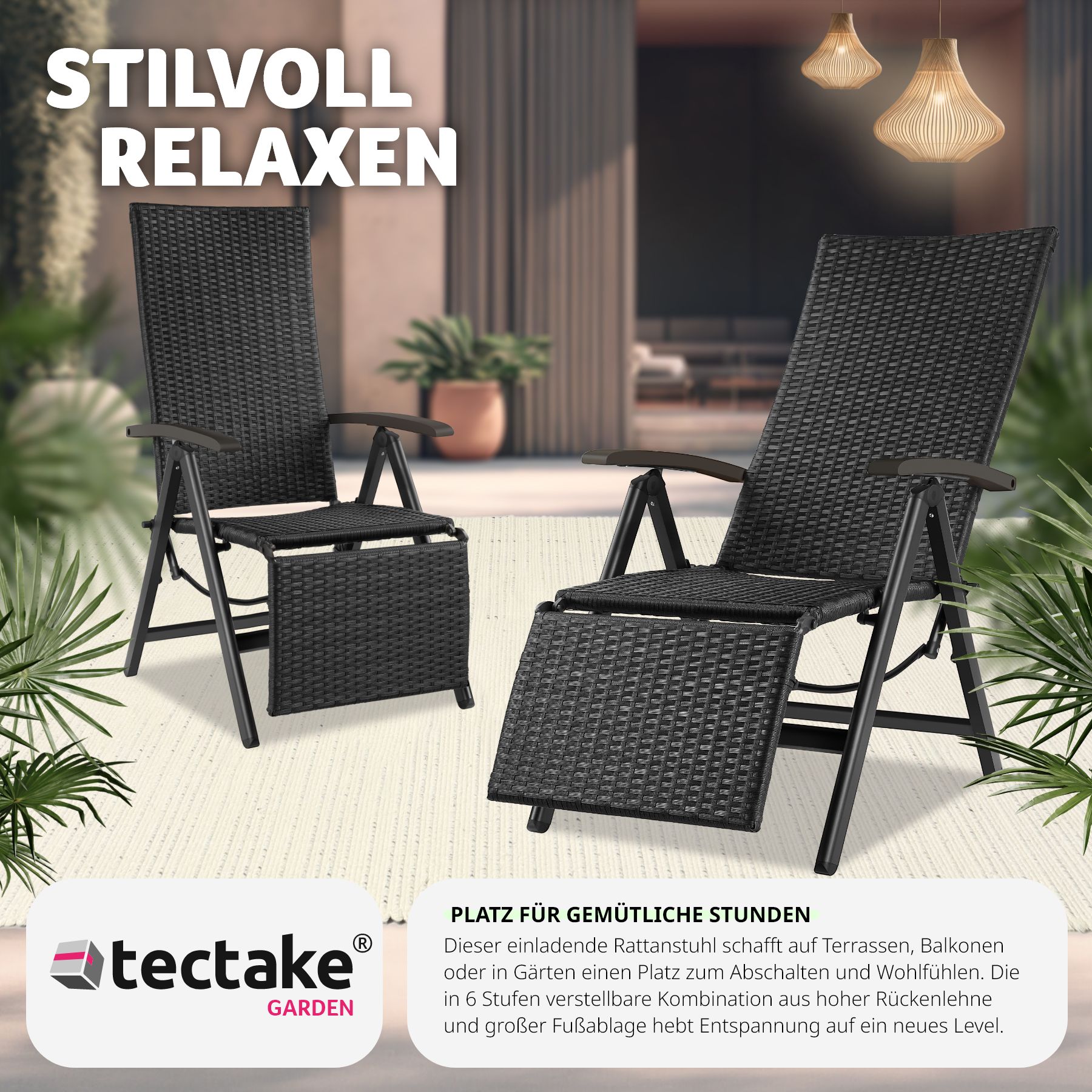 tectake® Rattanstuhl, mit Aluminiumgestell, wetterfest und UV-beständig, 58 x 77 x 113 cm