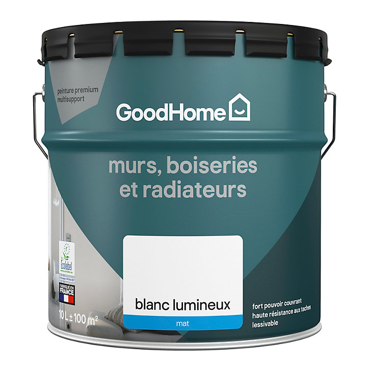Peinture murs boiseries et métal GoodHome haute résistance blanc mat 10L
