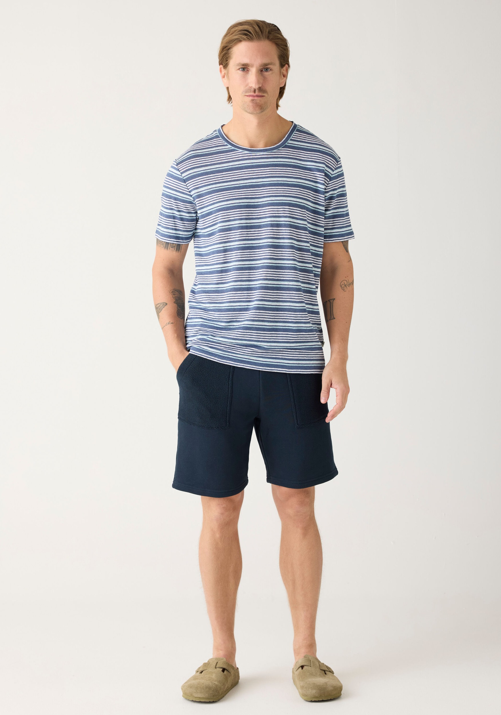 Knowledge Cotton Apparel Leinen-T-Shirt Reg Linen Blue Stripe