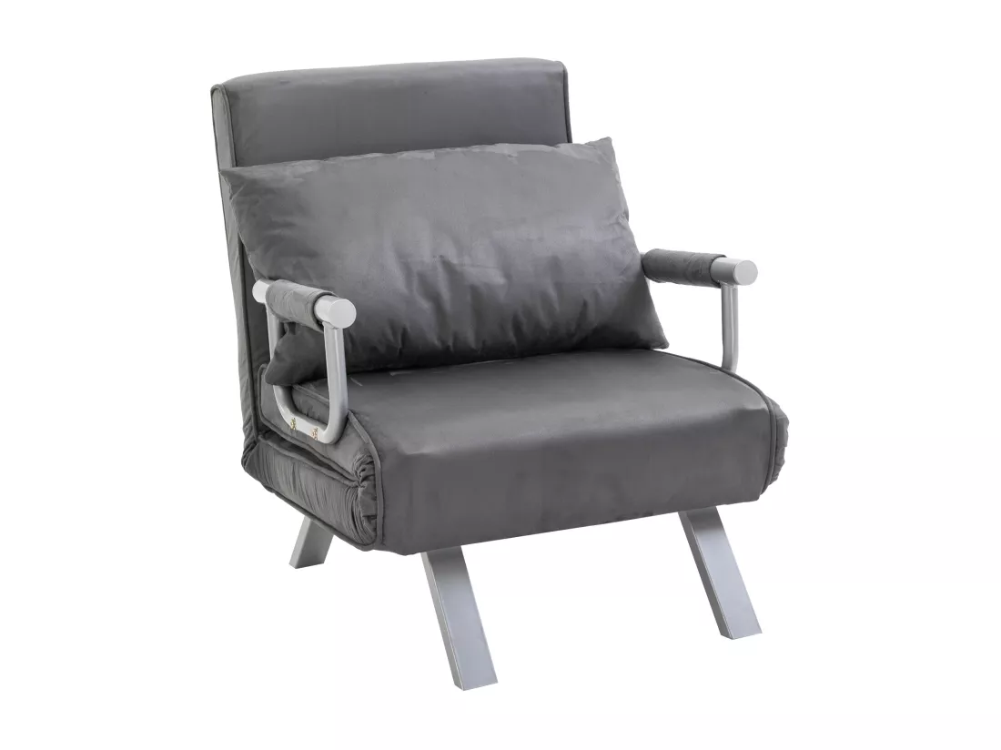 Fauteuil chauffeuse canapé-lit convertible 1 place déhoussable grand confort coussin pieds accoudoirs métal suède gris