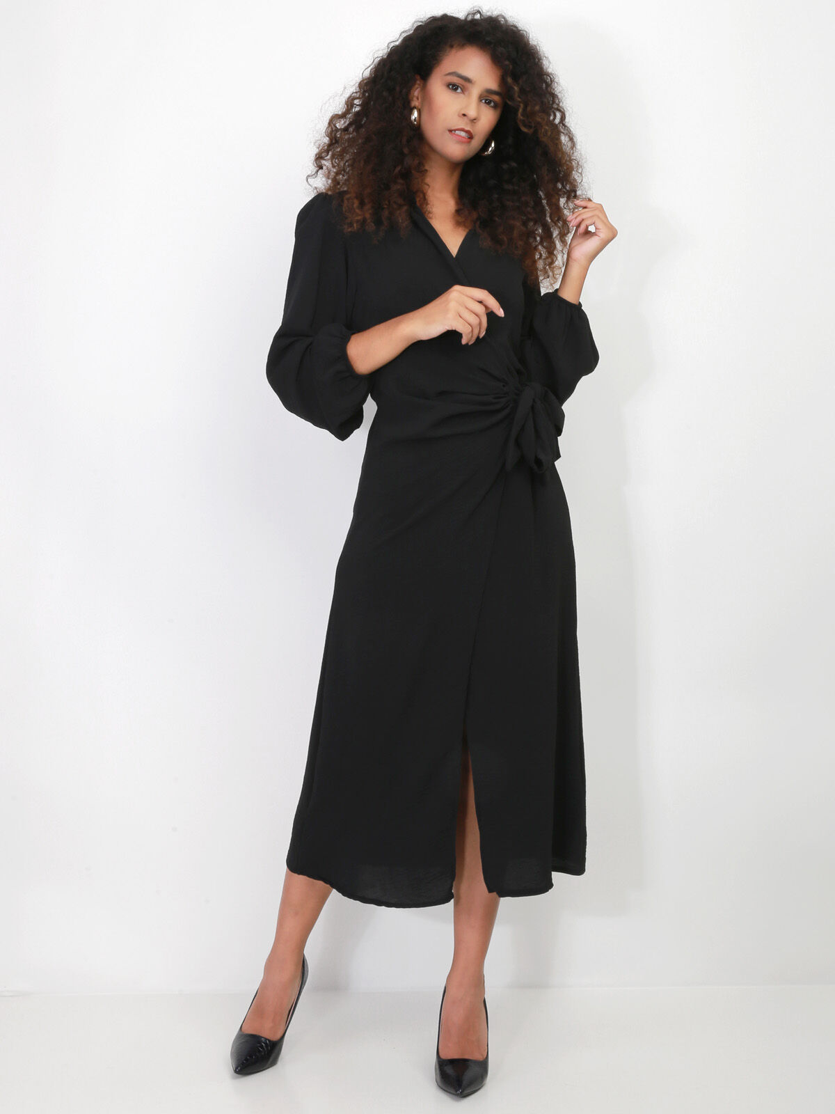 Robe cache-coeur longue à nouer- Noir