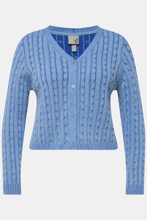 Strickjacke, Zopfmuster, Two-Tone-Feinstrick, V-Ausschnitt