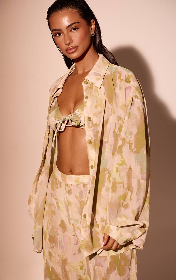 Vert Olive Chemise De Plage En Mousseline Imprimé Abstrait