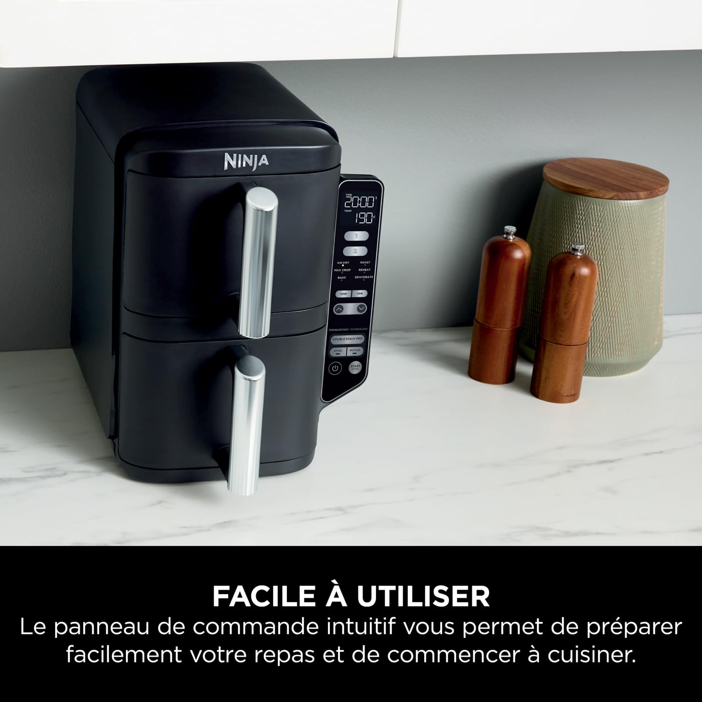 Ninja Double Stack Air-Fryer, Friteuse verticale sans huile à 2 tiroirs, 4 niveaux cuisson, 2 tiroirs et 2 grilles, design compact, capacité de 7,6L,