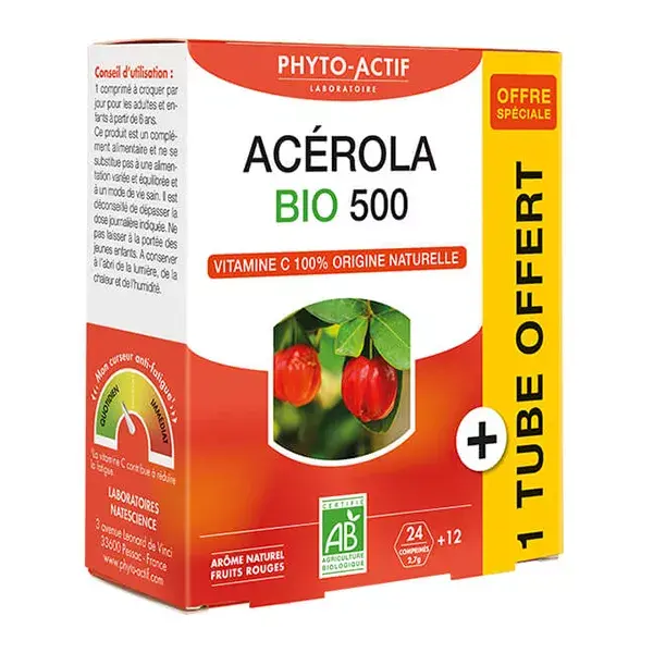 Acerola Phyto-Active 500 Orgânica 24 comprimidos + 12 grátis