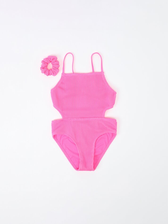 Conjunto de biquíni texturizado e scrunchie - Fúcsia fluorescente