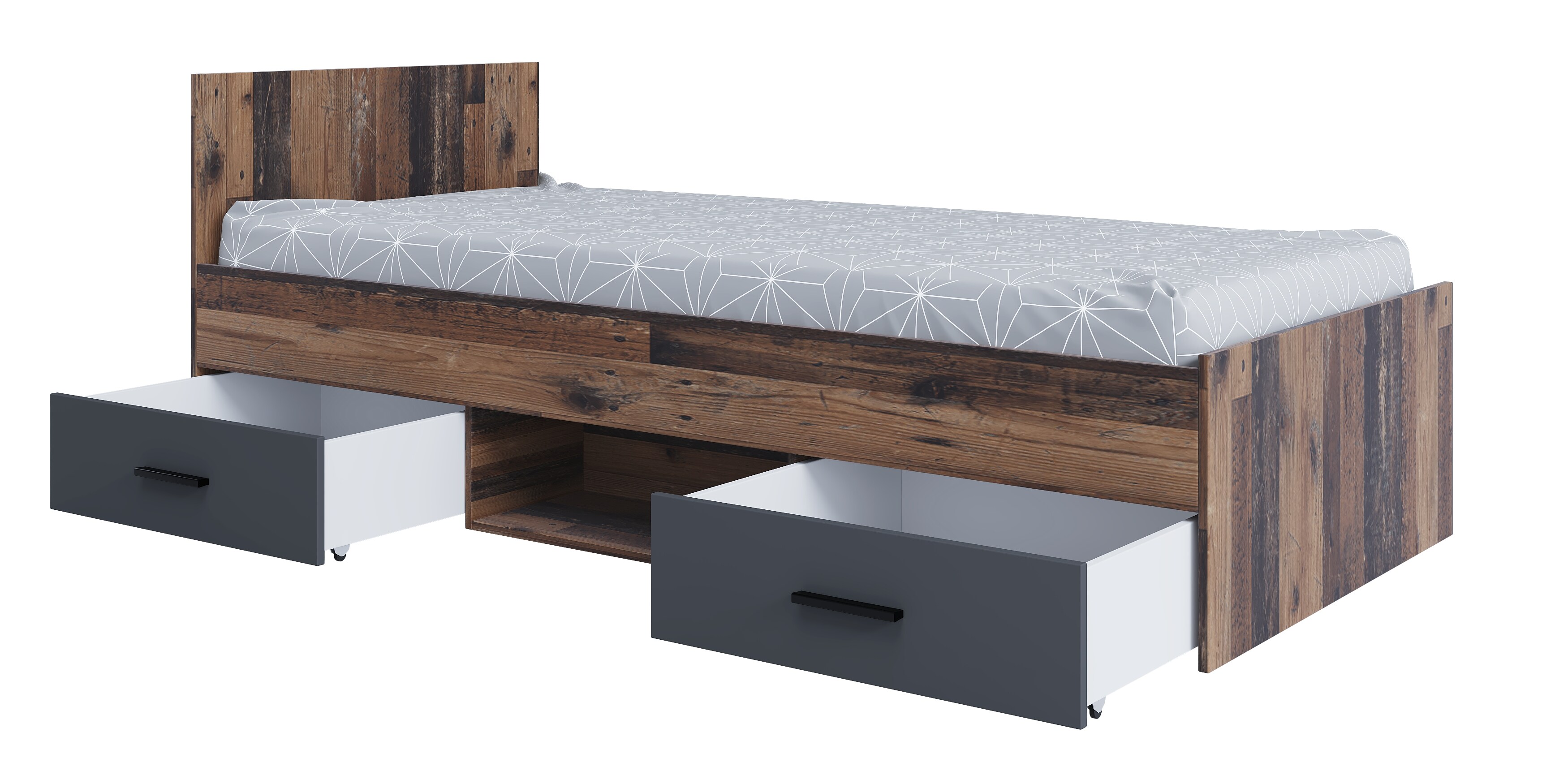 AI-SEN nonjoo-Teen Artikel Set 1 best. aus: Einzelbett 90 x 200 cm mit Bettschubalden Set (2 Schubladen) auf Rollen, mittig offenem Fach, Nachtkonsole mit 2 Schubladen
